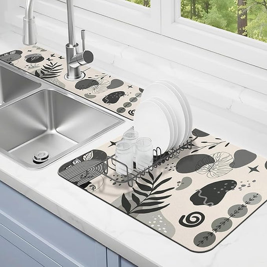 Dish Drying Mat for Kitchen Counter Matt, 2PCS 24"x18" Dish Drainer Mat & 24"x5.5" Sink Splash Guard, Super Absorbent Non-slip Rubber Backed
