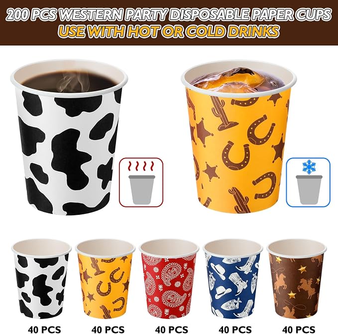 Yaomiao 200 Pcs Western Cowboy Paper Cups 9 oz Party Disposable Paper Coffee Cups Bulk for Western Theme Birthday Rodeo Supplies Decorations