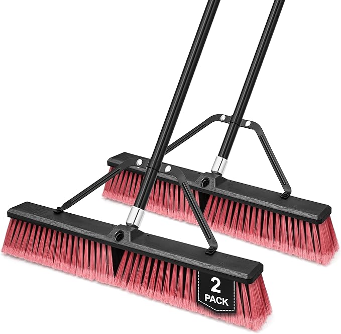 TidyBliss 24” Push Broom Outdoor Heavy Duty 2 Pack, Large Commercial Stiff Bristle Brush with 63 inches Long Handle for Garage Shop Garden Yard Patio Deck Street Warehouse Lawn Driveway (Red)