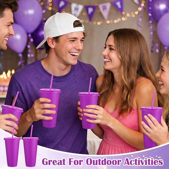 Honeydak 60 Pack Tumbler with Straw and Lid Bulk Cups for Gifts Water Bottle Iced Coffee Travel Mug Cup Reusable Plastic Tumblers for Party Birthdays 24-27 oz (Light Purple Color)
