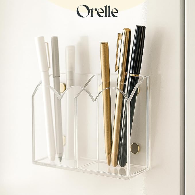 Orelle Scalloped Magnetic Acrylic Pen Holder | Magnetic Pen Holder for Refrigerator, Whiteboard, Office, Magnetic Locker Organizer | Magnetic Dry Erase Marker Holder | Classroom Must Haves | Clear
