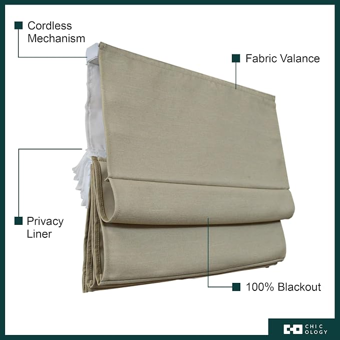 Chicology Cordless Roman Window Shade, Del Mar Sandcastle, 34" W x 64" H | Cordless Child-Safe, Room Darkening UV, Inside/Outside Mount, True-to-Size No Cut, Rich Textured Fabric, Spot-Clean Care Only