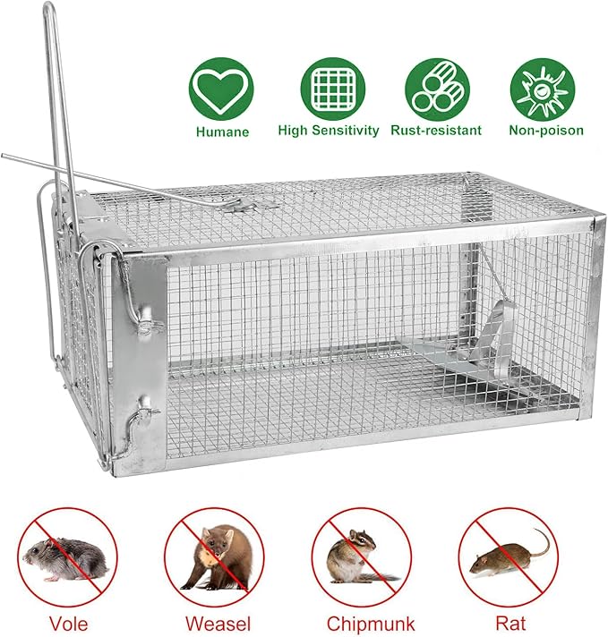 Humane Rat Trap - Catch & Release Chipmunks,Rats & Mice，Live Mouse Trap for Indoor & Outdoor Use ， No-Kill Rodent Trap for Home, Yard, Garage ，Reusable Metal Cage 10.5"x5.5"x4.5" (1pack)