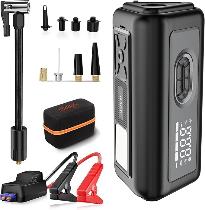 Tire Inflator Portable Air Compressor with Electric Air Duster and Car Jump Starter: 150PSI Cordless Bike Pump - 130000RPM - 1000A up to 6.0L Gas and 3.0L Diesel Engine for Cars, Outdoor, Home