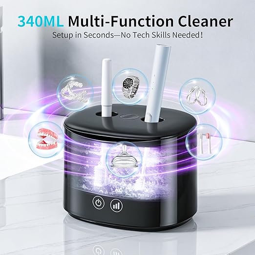 Ultrasonic Retainer Cleaner Machine, 50kHz Dental Cleaning Pod with 4 LED for Night Guards, Braces, Aligners, Toothbrushes, Mouth Guards, Jewelry, 340ml Rechargeable Ultrasonic Denture Cleaner