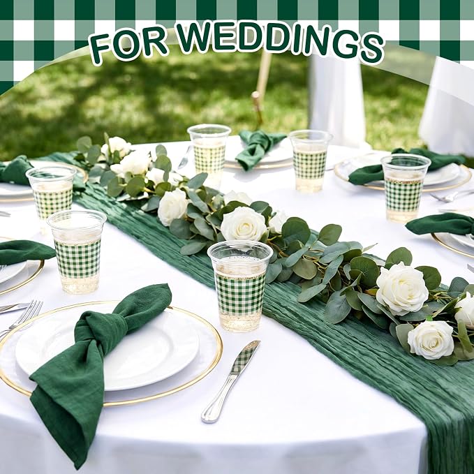 Qinyoung Checkered Plastic Cups 12oz Gingham Party Disposable Cups Bulk Drinking Cup for Cold Drinks Baby Shower Wedding Summer Birthday Party Supplies(Dark Green and White,50 Pcs)