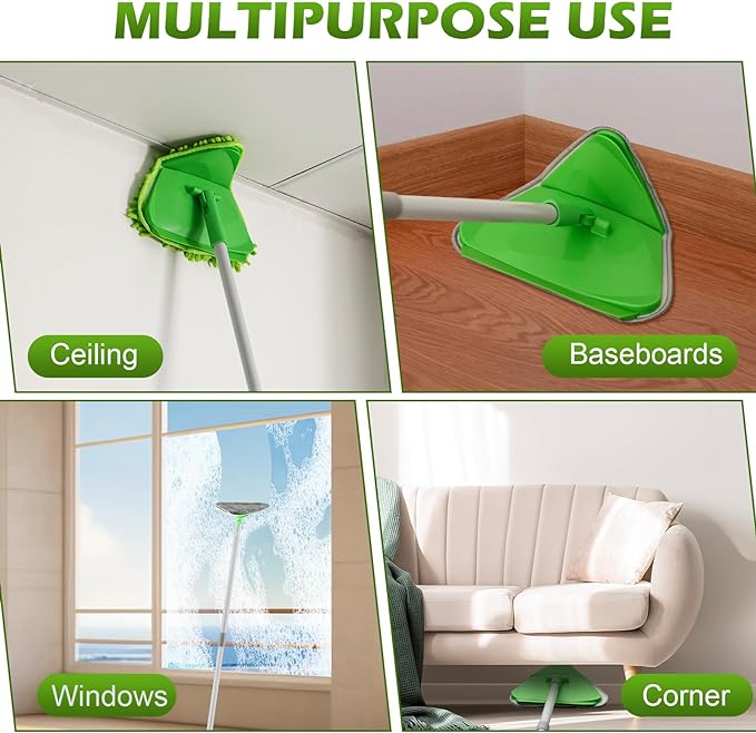 Wall Cleaner Triangle Mop with 82'' Long Handle - Wall Scrubber, Cleaning Washer Tool with 4 Microfiber Chenille Duster Pads for Clean Walls, Ceiling, Windows, Baseboards, Floors (Green, 6 Pads)