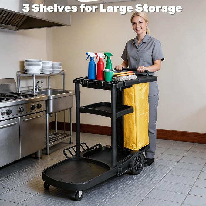 NORTHSKY Janitorial Cart, 3-Shelf Cleaning Carts on Wheels,Commercial Traditional Plastic Housekeeping Cart with 2 Yellow Vinyl Bag and 2 Pair of Rubber Gloves (Matte Black)