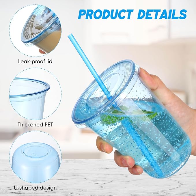 Ziliny 25 Sets Clear Round Bottom Plastic Cups with Lids and Straws, Cute Disposable Drinking Coffee Cups, for Christmas Valentine's Galentine's Day Party Wedding Birthday Supplies (16oz,Blue)