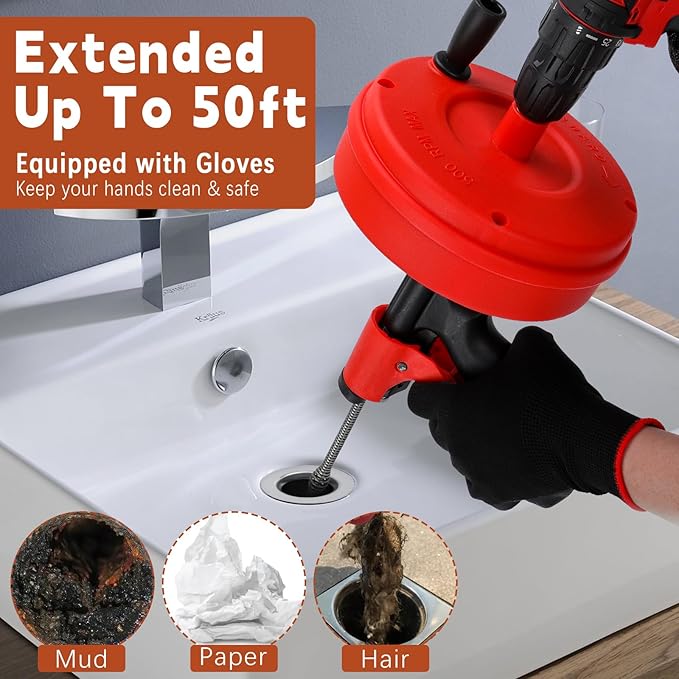 New 50 FT Double Mode Drain Snake Tools, 11-in-1 Drain Auger for Sink and Drain Unblocking, Plumbing Snake for Kitchen, Bathrom and Shower Sink, Snake for Real DYIs (Red) NEW