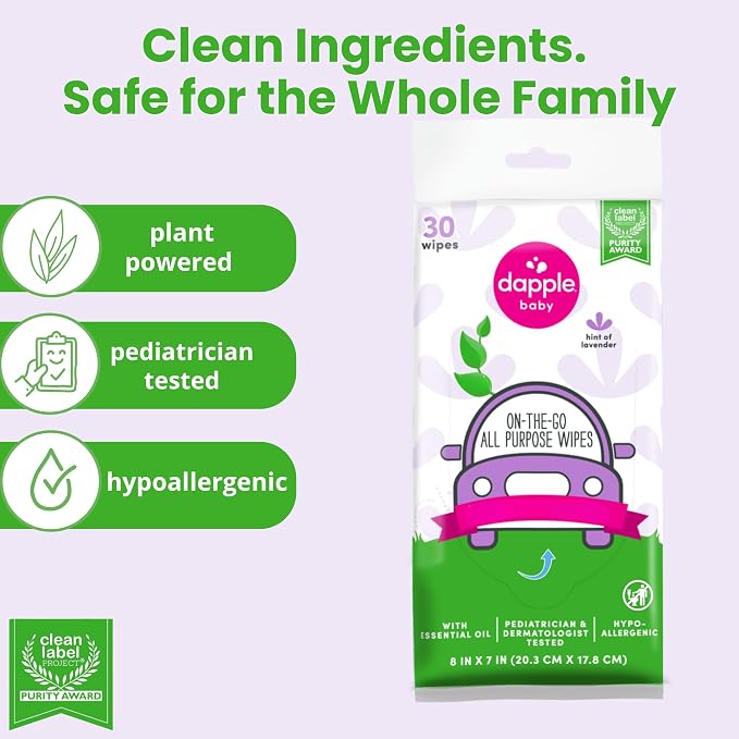 Dapple Baby All Purpose Wipes, Hypoallergenic & Powered by Plants Cleaning Wipes, Hint of Lavender, 30 Count (Pack of 2)