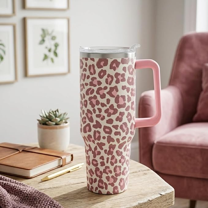 Ceovfoi 40oz Pink Leopard Tumbler with Handle Lid Straw, Insulated Coffee Mug Water Bottle, Leopard Print Decor Gifts for Women
