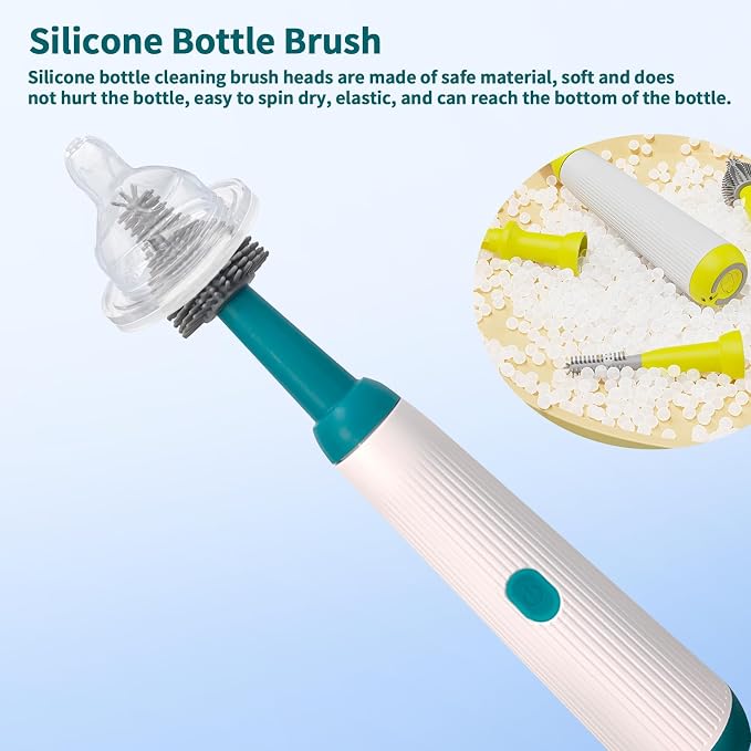 Electric Bottle Brush Set with Electric Bottle Brush Cleaner, 3 Replaceable Baby Bottle Brushes and Extension Handle. Silicone Bottle Brush, Waterproof, Perfect Baby Essentials(Dark Green)