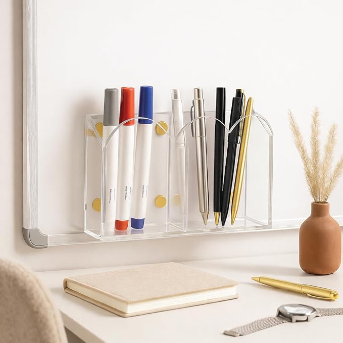 Orelle Scalloped Magnetic Acrylic Pen Holder | Magnetic Pen Holder for Refrigerator, Whiteboard, Office, Magnetic Locker Organizer | Magnetic Dry Erase Marker Holder | Classroom Must Haves | Clear