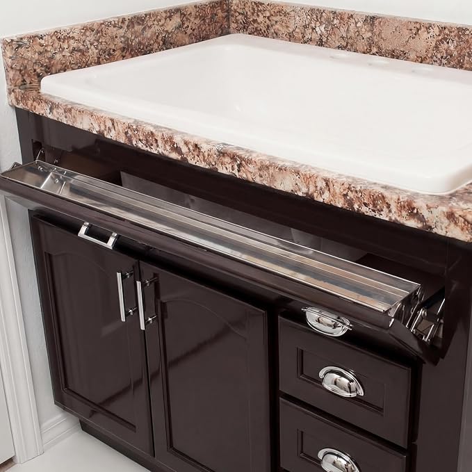 1 Set 31 Inch Metal Sink Drawer Tip Out Tray Kit Include Tip-Out Sink Trays and Hinges Large Pull Out Storage Organizer for Kitchen Bathroom Base Cabinets(Silver)