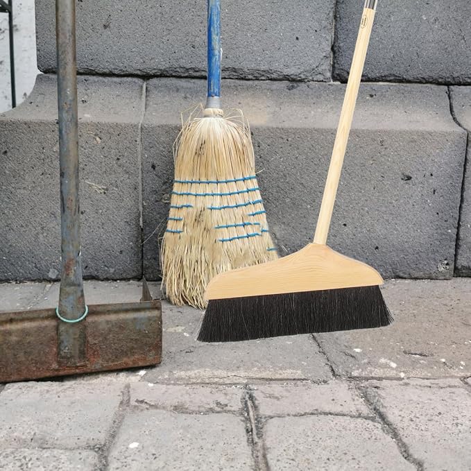 Horse Hair Broom with Long Handle: Wooden Heavy Duty Floor Broom Soft Bristle Pine Sweeper Household Cleaning Tool for Home Kitchen Office Indoor Outdoor