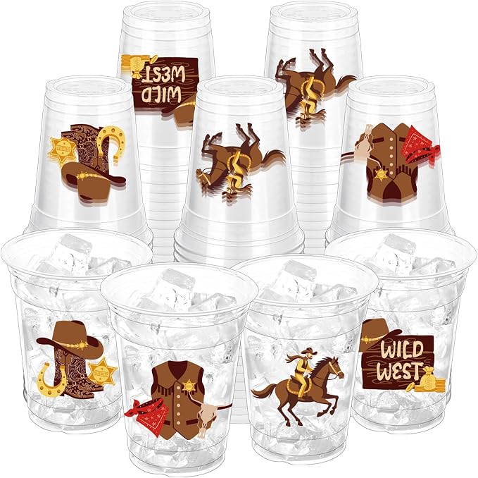 100Pcs Western Cowboy Plastic Party Cups, 12oz Cowboy Party Disposable Clear Cups for Western Parties, Birthday, Baby Shower Drinking Cups, Rodeo Party Favors (2 Styles)