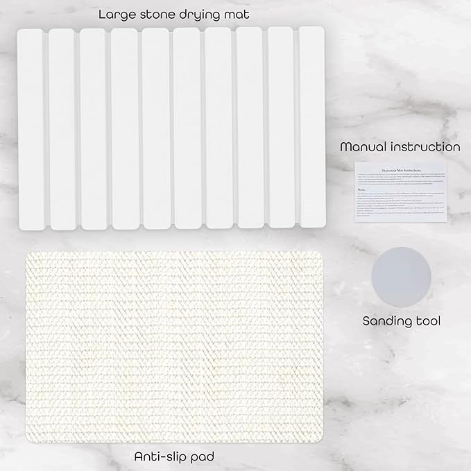 Stone Dish Drying Mat 24" x 16" – Dish Drying Stone – Large Diatomaceous Earth Drying Mat with Non-Slip Base – Quick Dry Kitchen & Bathroom Drying Pad for Dishes, Glassware & Bottles (Solid White)