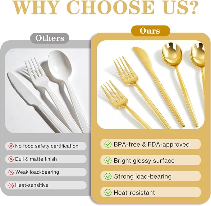 Supernal 180 Pcs Gold Plastic Silverware Set: Heavy Duty Disposable Cutlery for 60 Guests (60 Forks, 60 Spoons, 60 Knives) - Elegant Bulk Plastic Utensils for Weddings, Birthdays, and Party