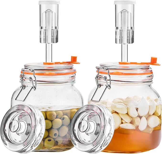 1L Wide Mouth Fermentation Jars, Pack of 2 Complete Fermenting Kit with Airlocks & Glass Weights for Sauerkraut, Kimchi & Pickles