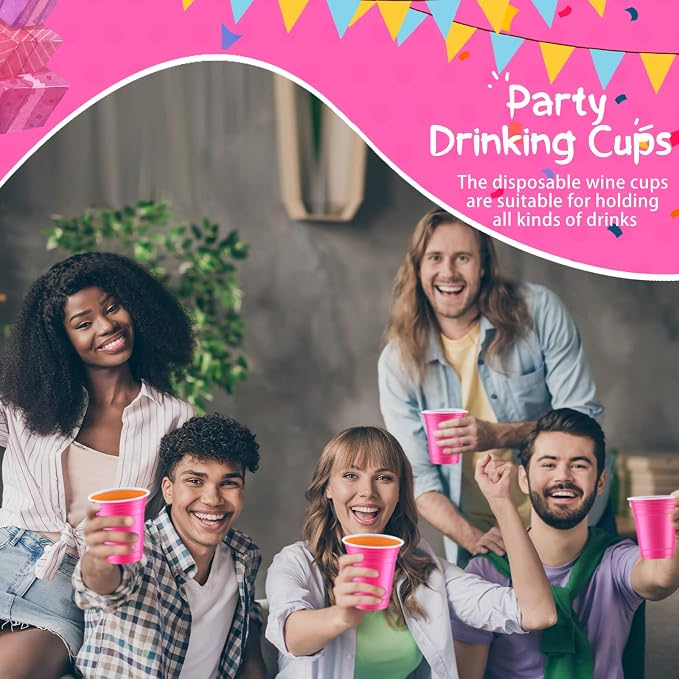 Sabary 100 Pack 12oz Plastic Cups Pink Wedding Heavy Duty Drinking Disposable Cups with Lines for Beverage Graduation Holiday Camping Barbecues Birthday Party Summer Outdoor Picnic(Pink and White)