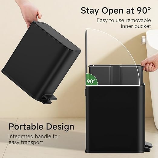 TIPGO Small Bathroom Trash Can with Lid Soft Close, Step Pedal, 1.3 Gallon / 5 Liter Stainless Steel Slim Garbage Can for Office, Diaper Waste Basket with Removable Inner Bucket (Matte Black)