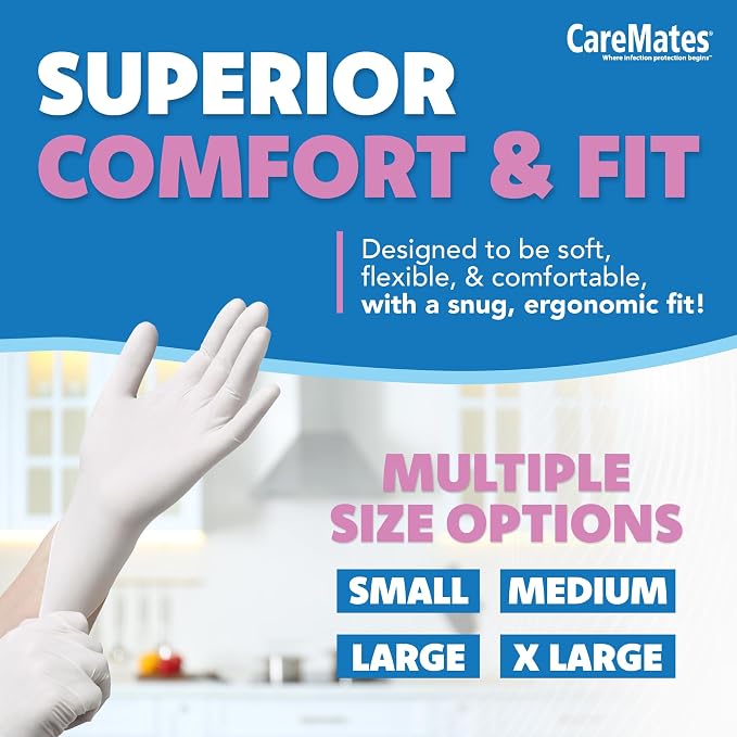 CareMates Medical Exam Gloves, Powder Free, Extra Strong, Certified for Home Infusion, First Aid, Food Safe, Cleaning Gloves