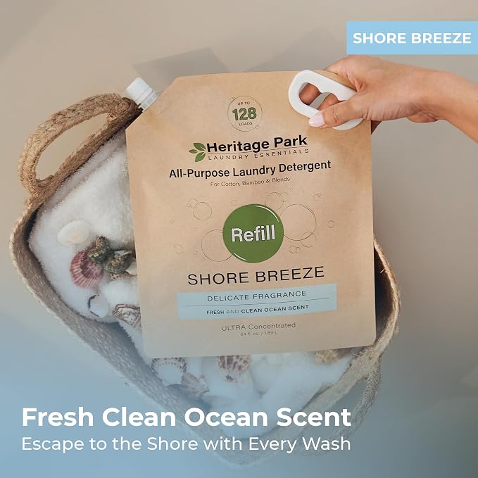 Heritage Park Luxury Laundry Detergent | Dermatologist Tested Plant based Natural & Enzyme Laundry Detergent | Sensitive Skin Friendly - Shore Breeze (64 fl oz Refill)