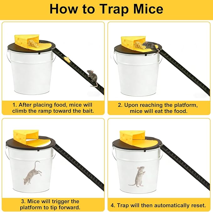 4PCS Mouse Trap Bucket, 5 Gallon Bucket Lid Mouse Trap,Reusable, Bite Resistant, Self Resetting Rat Trap Bucket，Humane Mouse Trap for Indoor and Outdoor