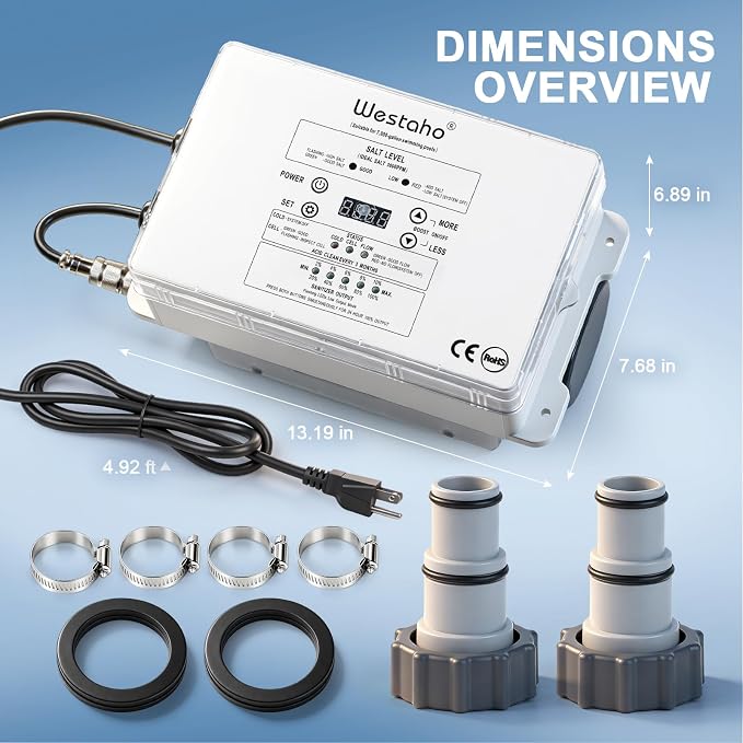 Salt Chlorine Generator, Westaho Salt Water Pool Chlorinator System with USA-Made Titanium Cells, for Above Ground Pools up to 7,000 Gallons, Compatible with Intex Pools