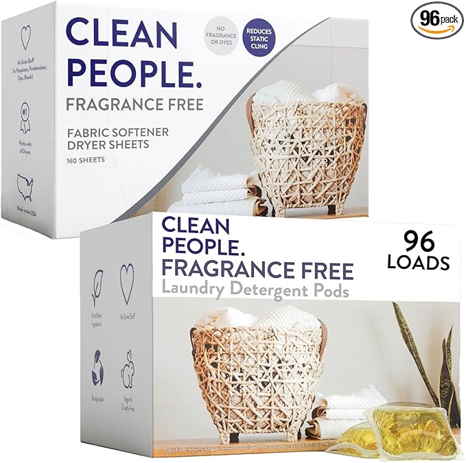 Clean People Laundry Detergent Pods & Fabric Softener Sheets - Plant-Based, Eco Friendly Laundry Detergent 96ct & Dryer Sheets 160ct (Fragrance Free)