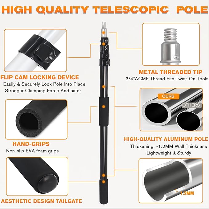 26FT Reach Telescoping Extension Pole, 4-18FT Multi-Purpose Extendable Pole with Universal Twist-on Metal Tip, Lightweight Sturdy Aluminum Paint Roller Extension Pole for Dusting Painting Cleaning