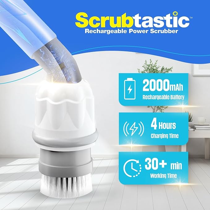 Scrubtastic Spin Scrubber, Electric Shower Scrubber – Rechargeable, Multipurpose Extendable Tile Cleaner, Bathroom, Floor & Grout Bathtub Power Scrubber with 3 Rotating Brush Heads, Improved for 2022