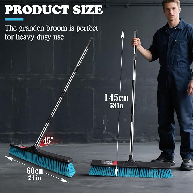 MASTERTOP 24" Heavy Duty Push Broom with Ultra-Sturdy Adjustable Handle, 6-Layer Stiff Bristles Garden Yard Broom, Outdoor Sweeping Brush for Garage, Patio, Driveway, Warehouse, Deck, Tile & Concrete