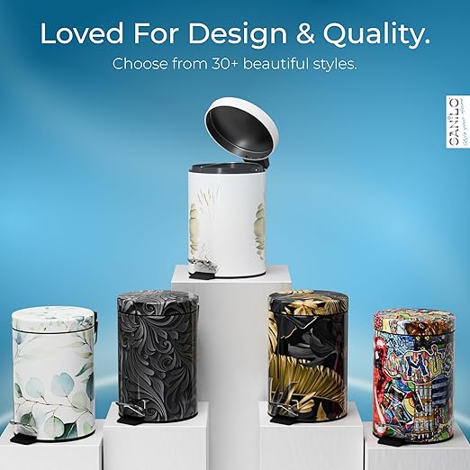 Sanilo Small Bathroom Trash Can with Lid [1.3 Gallon] - Lidded Tiny Trashcan for Garbage - Mini Metal Bin with Soft Closing Mechanism - Bath Room Accessoire Wastebin with Inner Bucket (Balance)