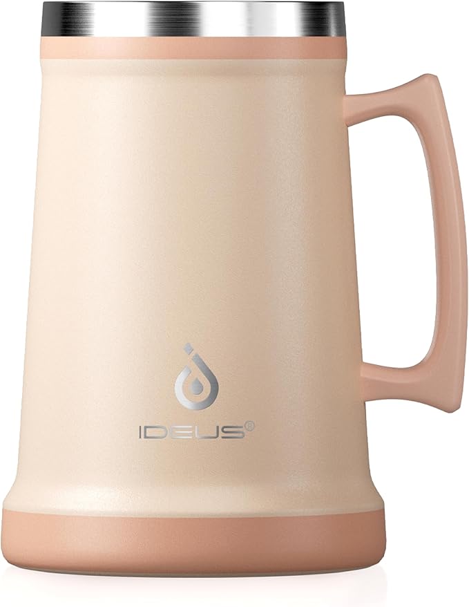 Ideus Insulated Beer Stein, 24/32oz Stainless Steel Double Walled Beer Mug Giant Bar Drinkware Metal Beer Cup with Big Grip Handle (Pale Nude, 34 ounces (1,000ml))