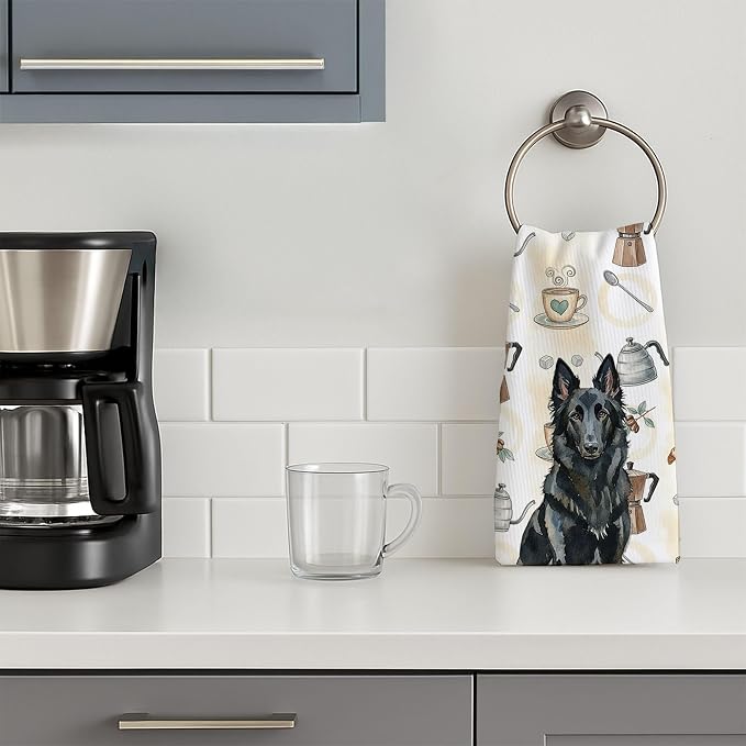 Caroline's Treasures Belgian Sheepdog Groenendael Coffee Bar Kitchen Towel Velour Plush Front and Cotton Loop Back Machine Washable