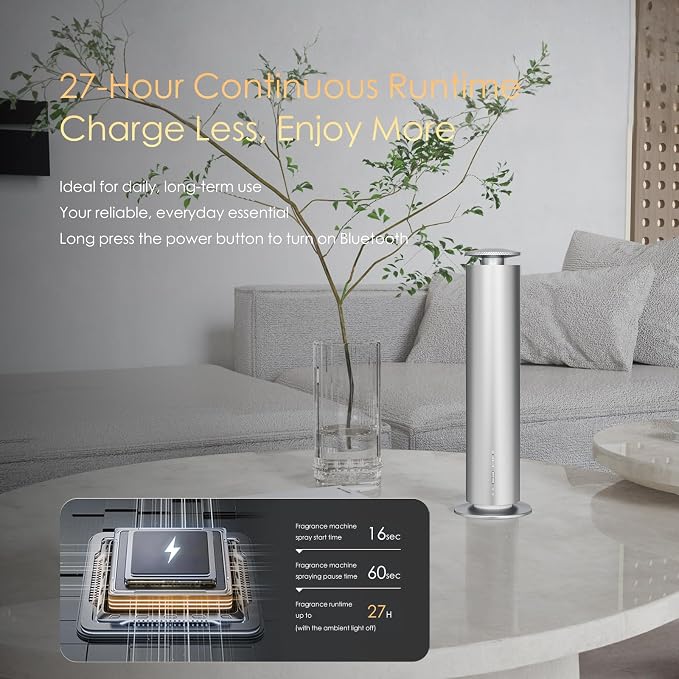 Somniare Waterless Essential Oil Diffuser, 1500 Sq. Ft Coverage Quiet Scent Diffusers for Homes, Hotels, Spas, Adjustable Mist, Included 5 Scent Oils(3.3OZ), Safe for Kids&Pets, Silver