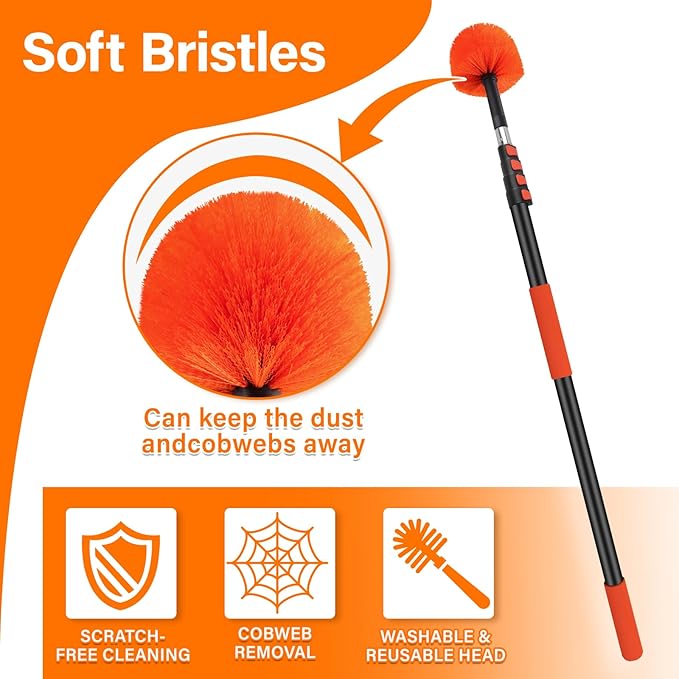 26FT Reach Cobweb Duster with Extension Pole - Spider Web Brush with 5-20 FT Telescopic Aluminum Pole, Washable & Reusable Soft Bristles for Cleaning High Ceiling Corner, Indoor, Outdoor