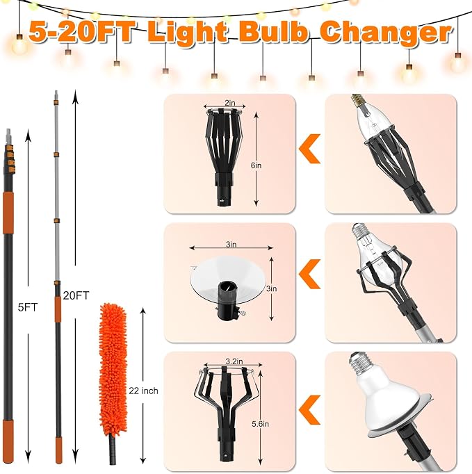 Buyplus 26FT Reach Light Bulb Changer for High Ceilings with 5-20FT Telescopic Extension Pole, Easy Flip-Tab Lock Bulb Changing Pole Extension with Basket and Suction Cup for Recessed Lights