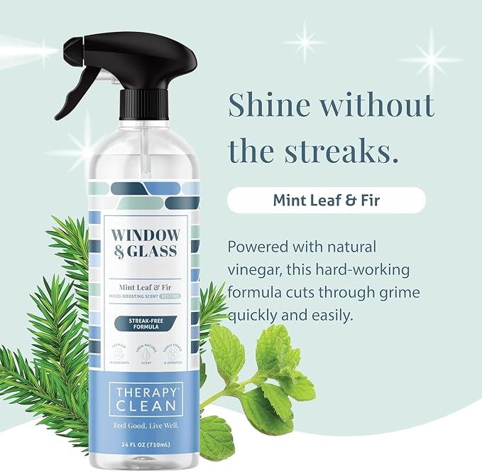 Therapy Clean Window & Glass Cleaner 24 oz. – Streak-Free, Ammonia-Free Mirror, Shower & Car Window Cleaner Spray for Indoor & Outdoor Use – Natural Vinegar Formula