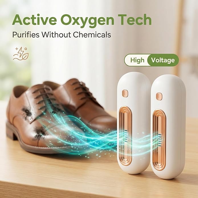 Chemical-Free Ozone Shoe Deodorizer, Rechargeable Long-Lasting Shoe Freshener, Portable Shoe Odor Eliminator, No Residue Shoe Smell Remover for Sneakers, Boots and All Daily Footwear 2-Pack