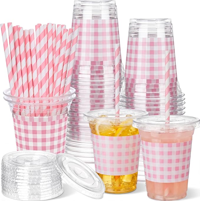 Domensi 25 Sets Pink and White Gingham Plastic Cups with Lids and Paper Straws 12oz Checkered Disposable Drinking Cups Bulk for Cold Drinks Baby Shower Wedding Birthday Summer Party Supplies