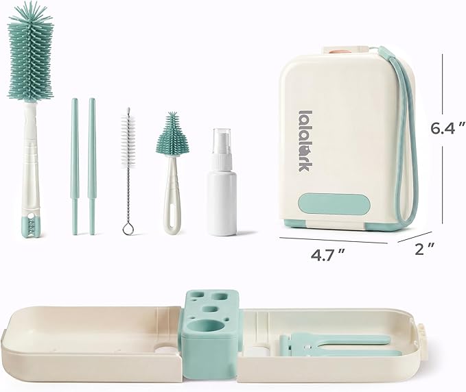 Lalalark Bottle Brush Kit, 7-in-1 Foldable Baby Bottle Drying Rack & Cleaning Set for Home and Travel, Perfect Essentials Gift for Mom After Birth, Cyan
