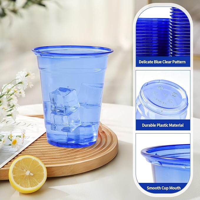 50 Pack Blue Clear Plastic Cups 12 oz Disposable Drinking Cups for Wedding Blue Birthday Party Supplies