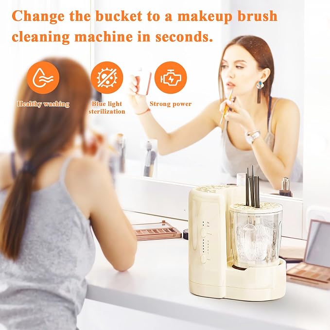 3-in-1 Electric Makeup Brush Cleaner & Mini Underwear Washing Machine & Makeup Brush Air Dryer with 2 Containers, Suitable for Cleaning Beauty Makeup Brush Set, Underwear and Socks, Beige
