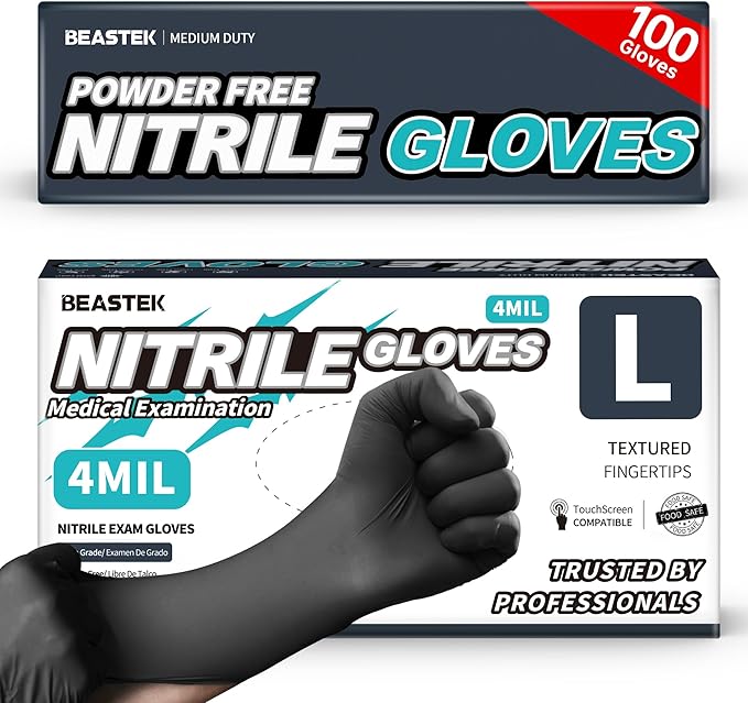 Beastek Black Disposable Nitrile Exam Gloves 100 Pcs 4Mil Chemical Resistant Powder-Free Latex-Free Food Safe Medical Cooking