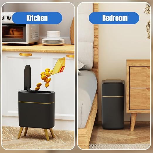 Yatmung 2 Pack - Automatic Bathroom Trash Can with Lid 2.5 Gal Smart Bathroom Trash Can Automatic Touchless - Bedroom, Office, Kitchen, Living Room - Motion Sensor Garbage Can - Black with Gold Legs