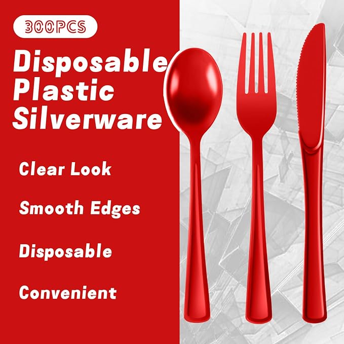 Plastic Silverware 300 PCS Disposable Silverware Heavy Duty Utensil Sets 100 Of Each Forks Knives & Spoons Disposable Cutlery Set For Easter,Birthday,Baby Shower,Garden Party,Wedding(300,Red)
