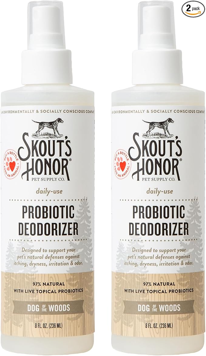 SKOUT'S HONOR Probiotic Pet Deodorizer Spray- Hydrating Daily-Use with Avocado Oil & Omega-3s, Microbiome Friendly Certiified, Paraben & Sulfate-Free, 97% Natural, 8oz, Dog of The Woods, 2-Pack